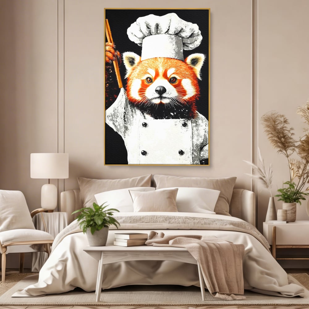 Tablou canvas cu tablou canvas cu panda rosu bucatar, in rama de aluminiu auriu, pe perete intr-un dormitor